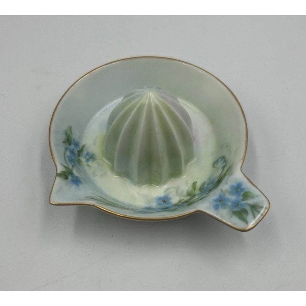 VTG LEMON ORANGE JUICER HAND PAINTEDโ Blue Flowers Green Leaves CERAMIC SIGNED